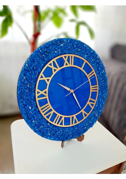 Duvar Saati - 35CM - Modern Dekoratif Duvar Saati - Epoksi Duvar Saati - El Yapımı Duvar Saati - Mavi+Gold Duvar Saati