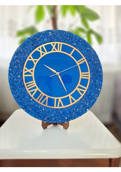 Duvar Saati - 35CM - Modern Dekoratif Duvar Saati - Epoksi Duvar Saati - El Yapımı Duvar Saati - Mavi+Gold Duvar Saati
