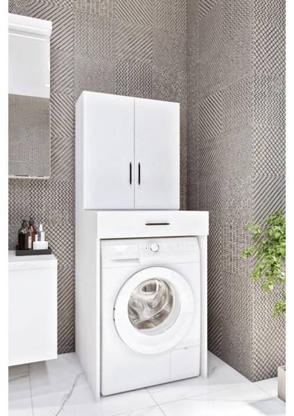 ESL0240 Çamaşır Makinesi Dolabı Banyo Çok Amaçlı Dolap 2 Kapaklı Beyaz