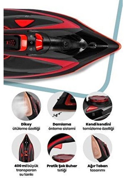 Dikey Ütü 1200 Watt Kırmızı Inox Taban Damlama Önleyici Özellik 105 ml Su Kapasitesi