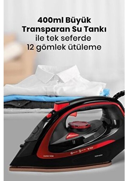 Dikey Ütü 1200 Watt Kırmızı Inox Taban Damlama Önleyici Özellik 105 ml Su Kapasitesi