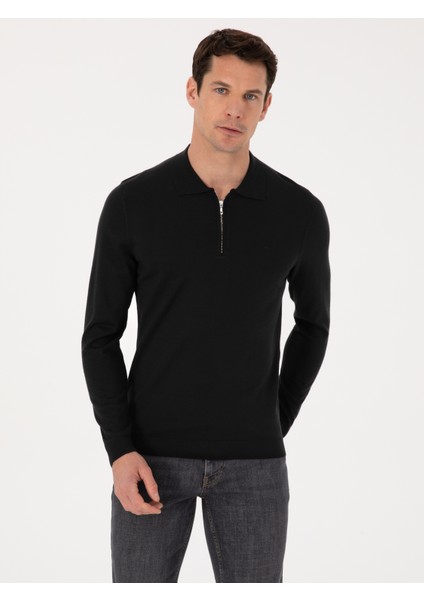 Erkek Siyah Regular Fit Yün Karışımlı Fermuarlı Polo Yaka Basic Triko Kazak 50318901-VR046