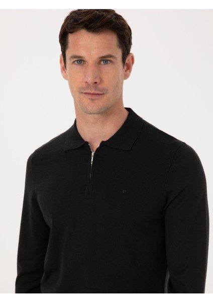 Erkek Siyah Regular Fit Yün Karışımlı Fermuarlı Polo Yaka Basic Triko Kazak 50318901-VR046