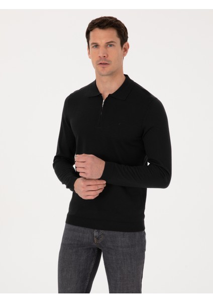 Erkek Siyah Regular Fit Yün Karışımlı Fermuarlı Polo Yaka Basic Triko Kazak 50318901-VR046