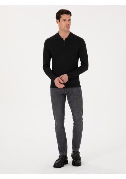 Erkek Siyah Regular Fit Yün Karışımlı Fermuarlı Polo Yaka Basic Triko Kazak 50318901-VR046