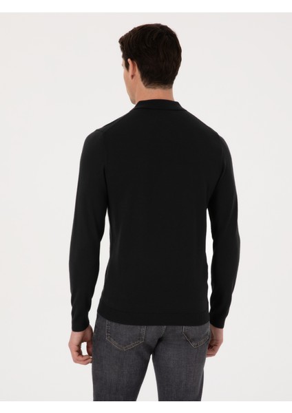 Erkek Siyah Regular Fit Yün Karışımlı Fermuarlı Polo Yaka Basic Triko Kazak 50318901-VR046