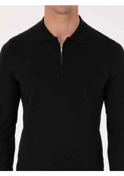 Erkek Siyah Regular Fit Yün Karışımlı Fermuarlı Polo Yaka Basic Triko Kazak 50318901-VR046