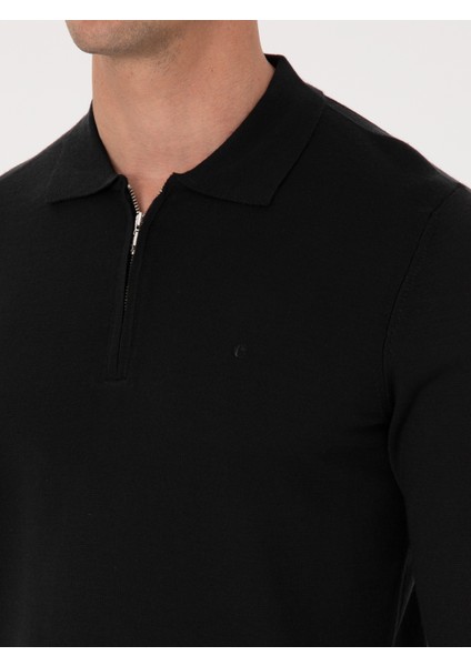 Erkek Siyah Regular Fit Yün Karışımlı Fermuarlı Polo Yaka Basic Triko Kazak 50318901-VR046