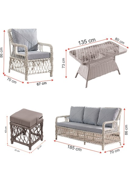 Edra Rattan Puflu Bahçe Balkon Takımı 3+1+1+Camı Masa Kemik Rengi indirimleri