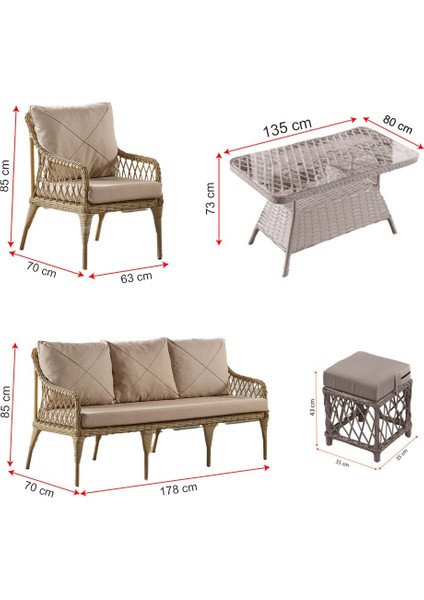 Joy Rattan Puflu Bahçe Balkon Takımı 3+1+1+ Camlı Masa Gri indirimleri