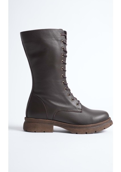 Kadın Hakiki Deri Fermuarlı Bağcıklı Postal Bot - Ceviz