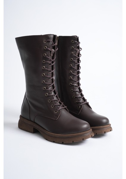 Kadın Hakiki Deri Fermuarlı Bağcıklı Postal Bot - Ceviz fiyatları