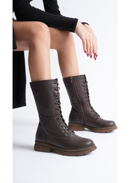 Kadın Hakiki Deri Fermuarlı Bağcıklı Postal Bot - Ceviz modelleri