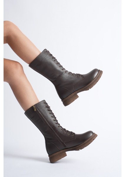 Kadın Hakiki Deri Fermuarlı Bağcıklı Postal Bot - Ceviz fırsatları