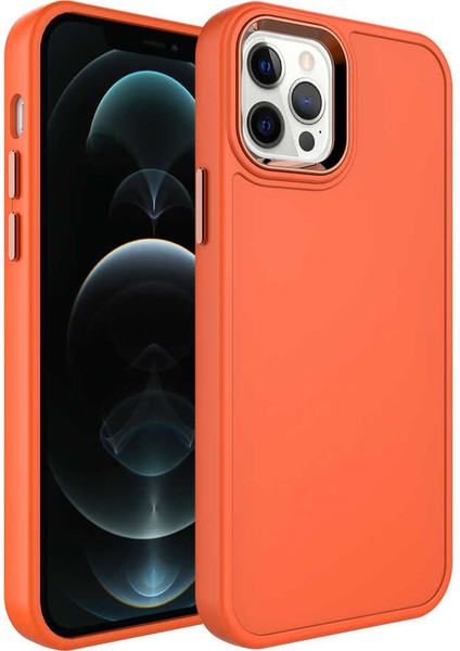 Apple iPhone 12 Pro Max Kılıf Metal Çerçeve ve Buton Tasarımlı Sert Akre Botox Kapak-Turuncu