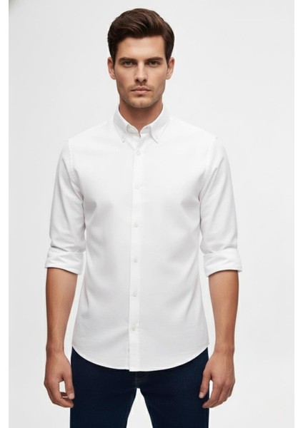 Slim Fit %100 Pamuk Düğmeli Yaka Oxford Beyaz Gömlek Gk 2026