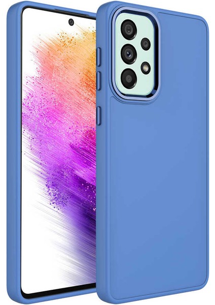 Galaxy A73 Kılıf Metal Çerçeve ve Buton Tasarımlı Silikon Akre Luna Kapak-Lavendery Gray