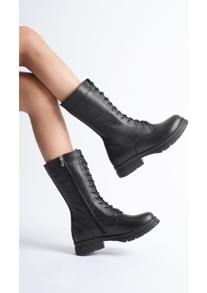 Kadın Hakiki Deri Fermuarlı Bağcıklı Postal Bot - Ceviz modelleri