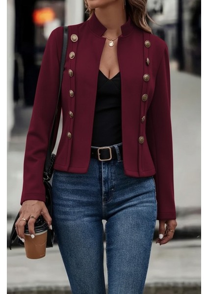 Kadın Uzun Kollu Hakim Yaka Yanlardan Düğmeli Kısa Süet Ceket