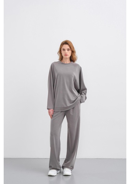 Gri Kadın Tencel Karışımlı Yumuşak Dokulu Bisiklet Yaka Basic Bol Paça Alt-Üst Takım fiyatları