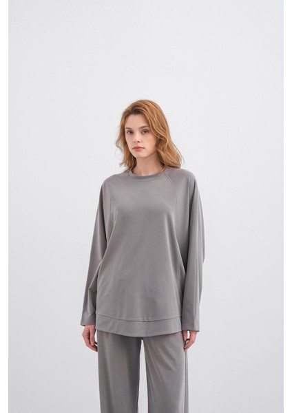 Gri Kadın Tencel Karışımlı Yumuşak Dokulu Bisiklet Yaka Basic Bol Paça Alt-Üst Takım fırsatları