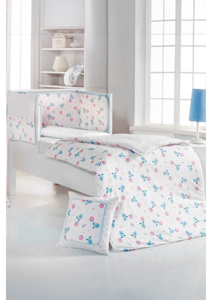 Bebek 7li Uyku Seti %100 Pamuk 100X150CM Mavi Flying Balloon Nevresim Takımı 70X140 Lastikli Çarşaf