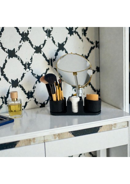 360 Derece Döner Hazneli Makyaj Organizeri - Fırçalık ve Disk Pamukluk Seti