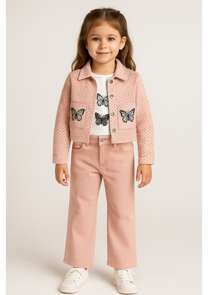 Kız Çocuk Pudra Renk Kanvas Ceket & Pantolon Takımı – Uzun Kollu Sweat 3’lü Kombin