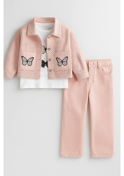 Kız Çocuk Pudra Renk Kanvas Ceket & Pantolon Takımı – Uzun Kollu Sweat 3’lü Kombin fiyatları