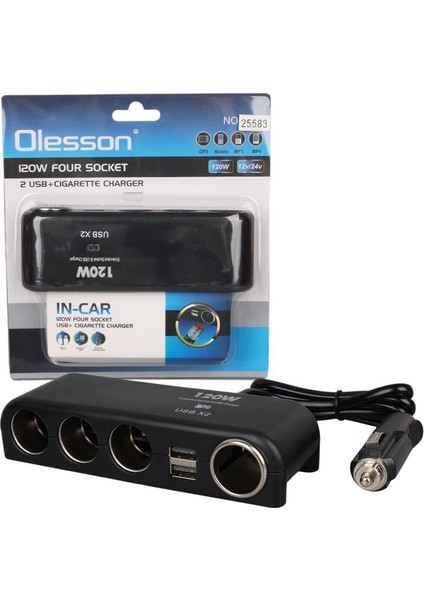 1525 12-24V Çift Usb'lı 120W 80CM Kablolu 4'lü Araç Çakmak Çoklayıcı indirimleri