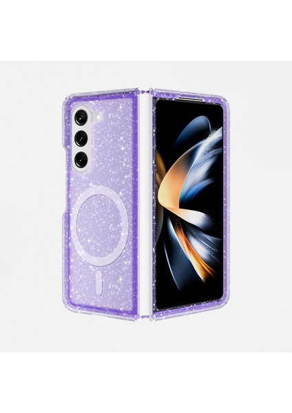 Galaxy Z Fold 6 Kılıf Magsafe Şarj Özellikli Parlayan Simli Saydam Renkli Akre Allstar Kapak-Mor