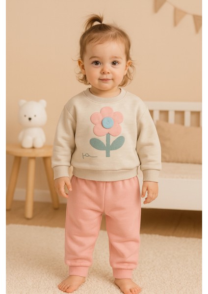 Kız Çocuk Şardonlu Kalın Çiçek Desenli Kışlık Eşofman Takımı – Yumuşacık, Sıcak ve Kusursuz Konfor
