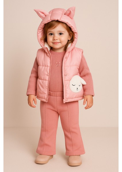 Kışa Meydan Okuyan Pembe 3’lü Set: Içi Polar Kapüşonlu Şişme Yelek+Kalın Tek Alt + Sweatshirt