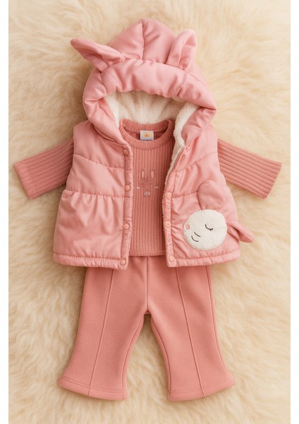 Kışa Meydan Okuyan Pembe 3’lü Set: Içi Polar Kapüşonlu Şişme Yelek+Kalın Tek Alt + Sweatshirt fiyatları