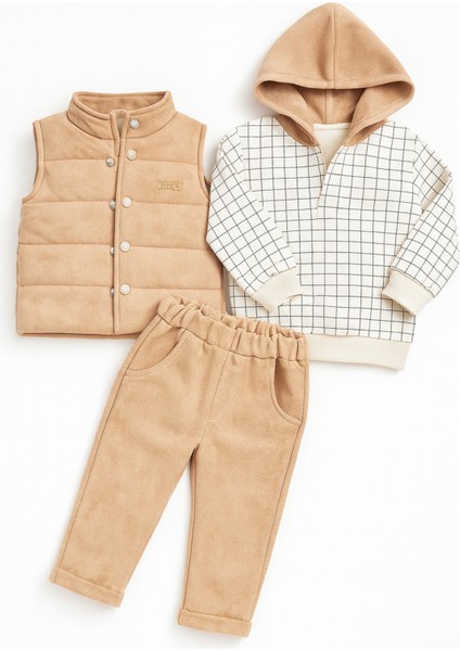 “doğal Dokuma Yelekli 3’lü Mavi Tarz Takım – Kapşonlu Sweat, Cepli Pantolon, Premium Konfor”