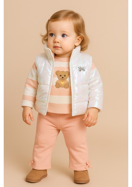 Kız Çocuk Parlak Şişme Yelekli 3’lü Takım – Kalın Çizgili Sweatshirt & Ispanyol Paça Kalın Tayt