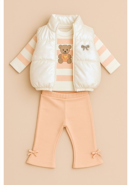 Kız Çocuk Parlak Şişme Yelekli 3’lü Takım – Kalın Çizgili Sweatshirt & Ispanyol Paça Kalın Tayt fiyatları