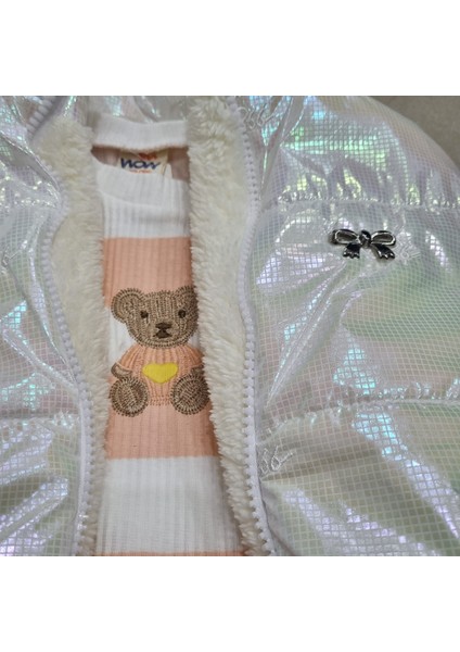 Kız Çocuk Parlak Şişme Yelekli 3’lü Takım – Kalın Çizgili Sweatshirt & Ispanyol Paça Kalın Tayt modelleri