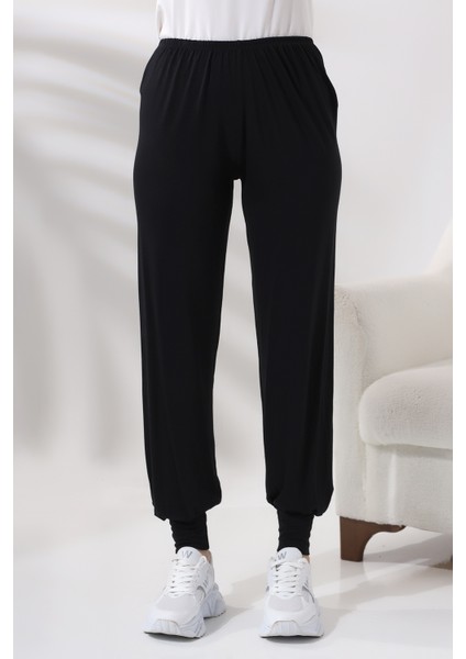 Kadın Siyah Beli Lastikli Ferace Altı Rahat Kesim Tesettür Şalvar Pantolon