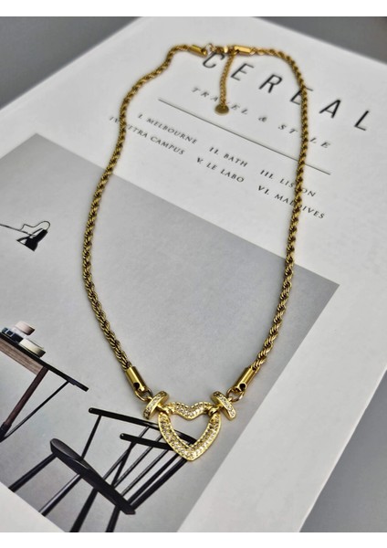 Çelik Gold Renk Zirkon Taşlı Kalp Model Kolye
