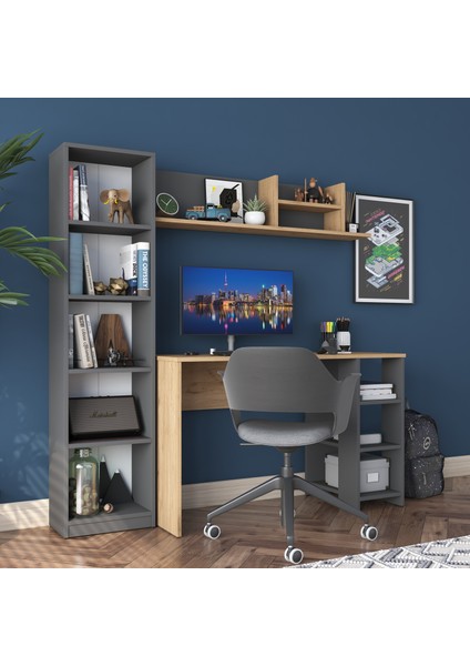 HA125 Kitaplıklı Raflı Çalışma Ofis Bilgisayar Masası Antrasit - Sepet Ceviz