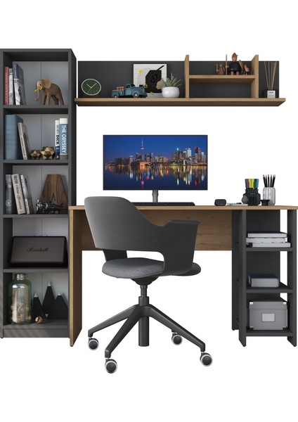 HA125 Kitaplıklı Raflı Çalışma Ofis Bilgisayar Masası Antrasit - Sepet Ceviz fırsatları