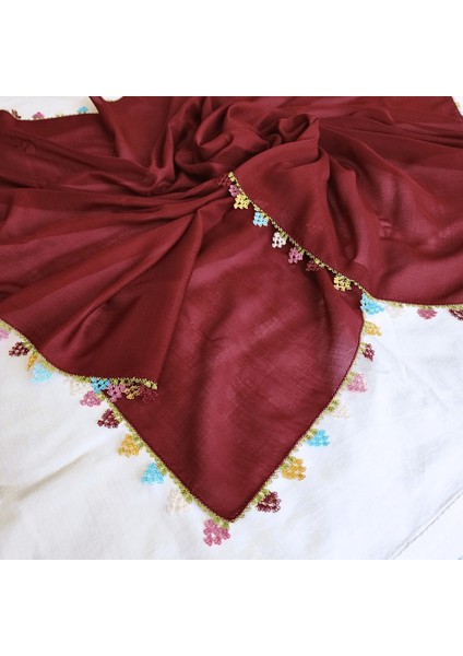 El Işi Iğne Oyalı Yazma/ Iğne Oyası / Iğne Işi Yemeni / El Işi Tülbent / Baş Örtüsü / Bordo