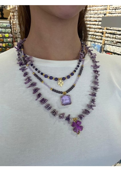 Ametist ve Mercan Taşlı Tasarım Kolye