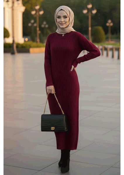 Fitilli Bordo Tesettür Triko Elbise 33672BR modelleri