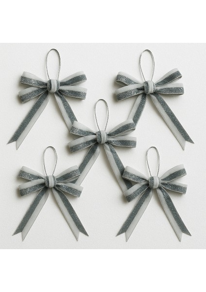 Gümüş Simli Kadife Fiyonk – Yılbaşı Ağacı Süsü, Premium Noel Dekorasyonu, 5’li Set, Beyaz & Gümüş, Uzun Kuyruklu Christmas Bow Ornament fiyatları