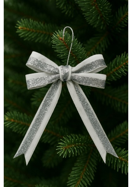 Gümüş Simli Kadife Fiyonk – Yılbaşı Ağacı Süsü, Premium Noel Dekorasyonu, 5’li Set, Beyaz & Gümüş, Uzun Kuyruklu Christmas Bow Ornament modelleri