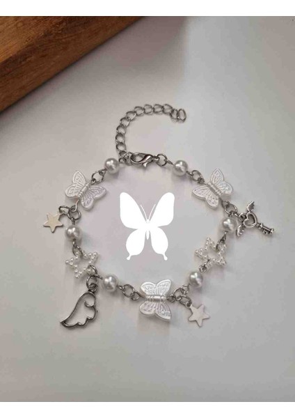White Butterfly And Pearly Charm Bileklik Y2K