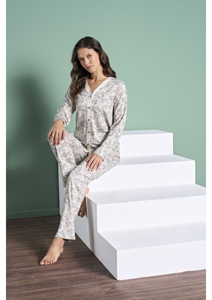 Uzun Kollu Önden Düğmeli Pijama Takım