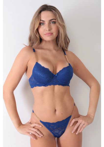 Saks Rengi Zincir Detaylı Sütyen Takımı